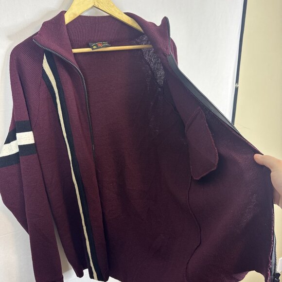 Vintage Maple Knitting Mills Wool Zip Sweater Men’s M Burgundy Stripe - Picture 6 of 7